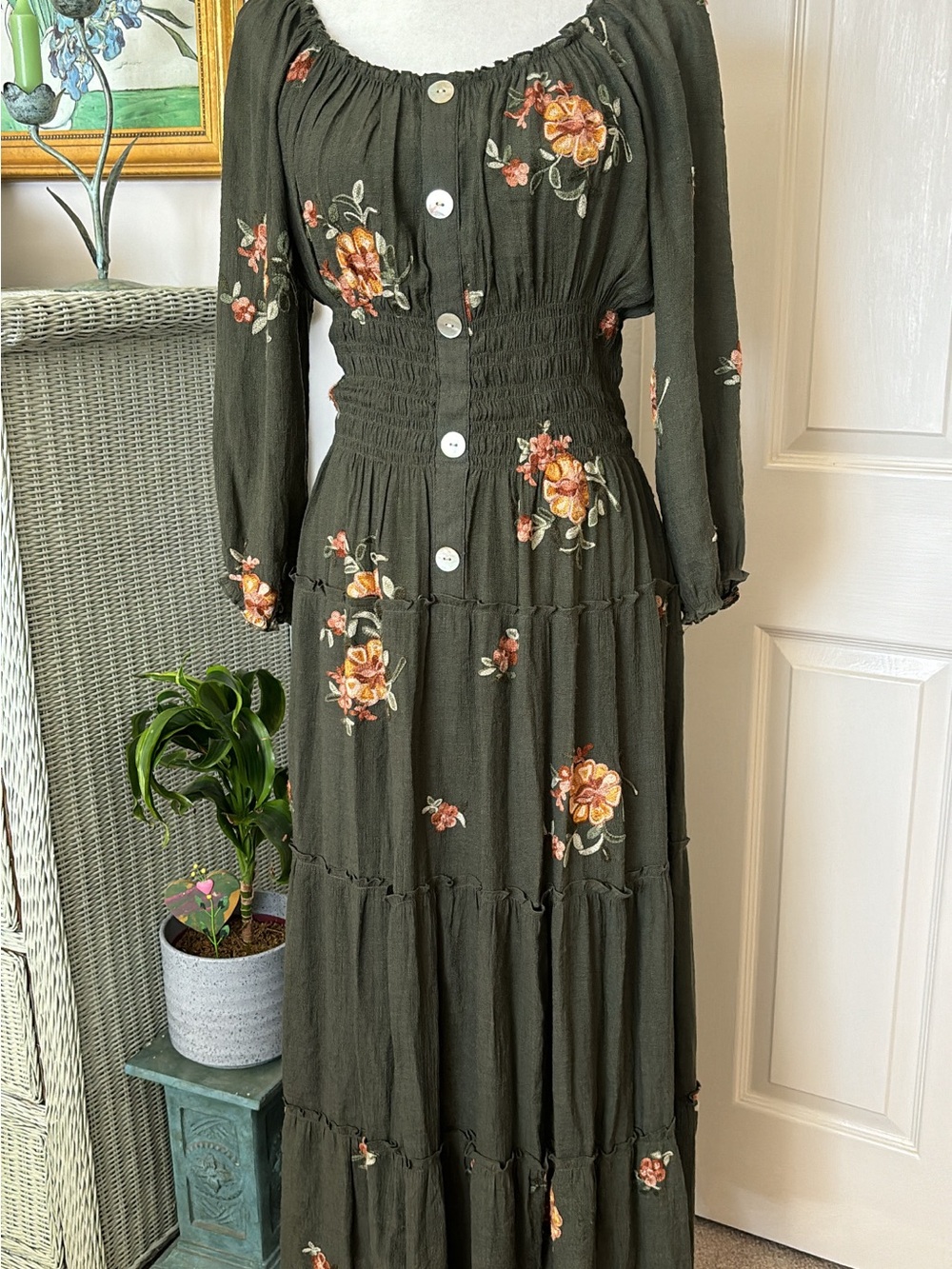 fig and flower Olive Green Floral embroidered Maxi Dress